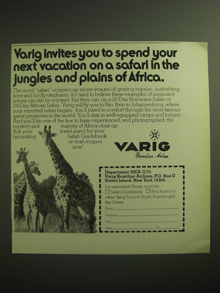 1974 Varig Airline Ad - Safari in the Jungles and Plains of Africa