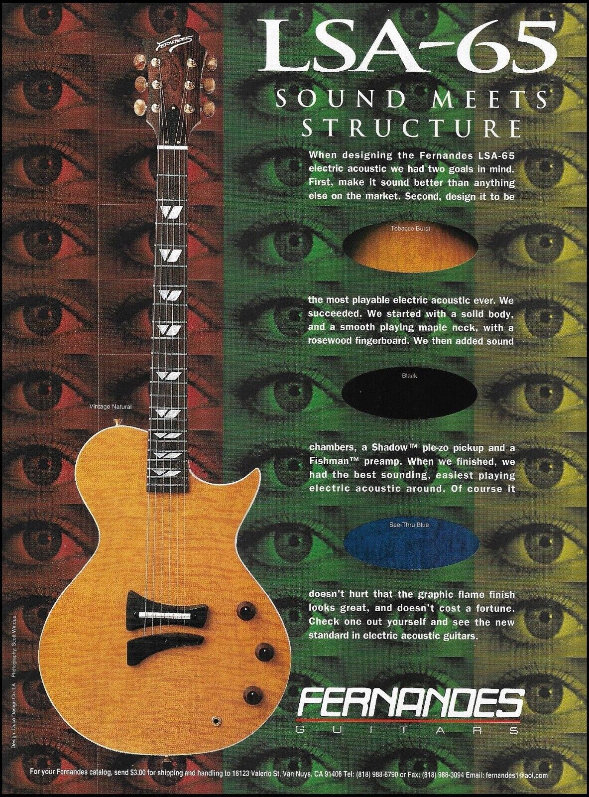 1996 Fernandes LSA-65 electric guitar advertisement 8 x 11 ad print