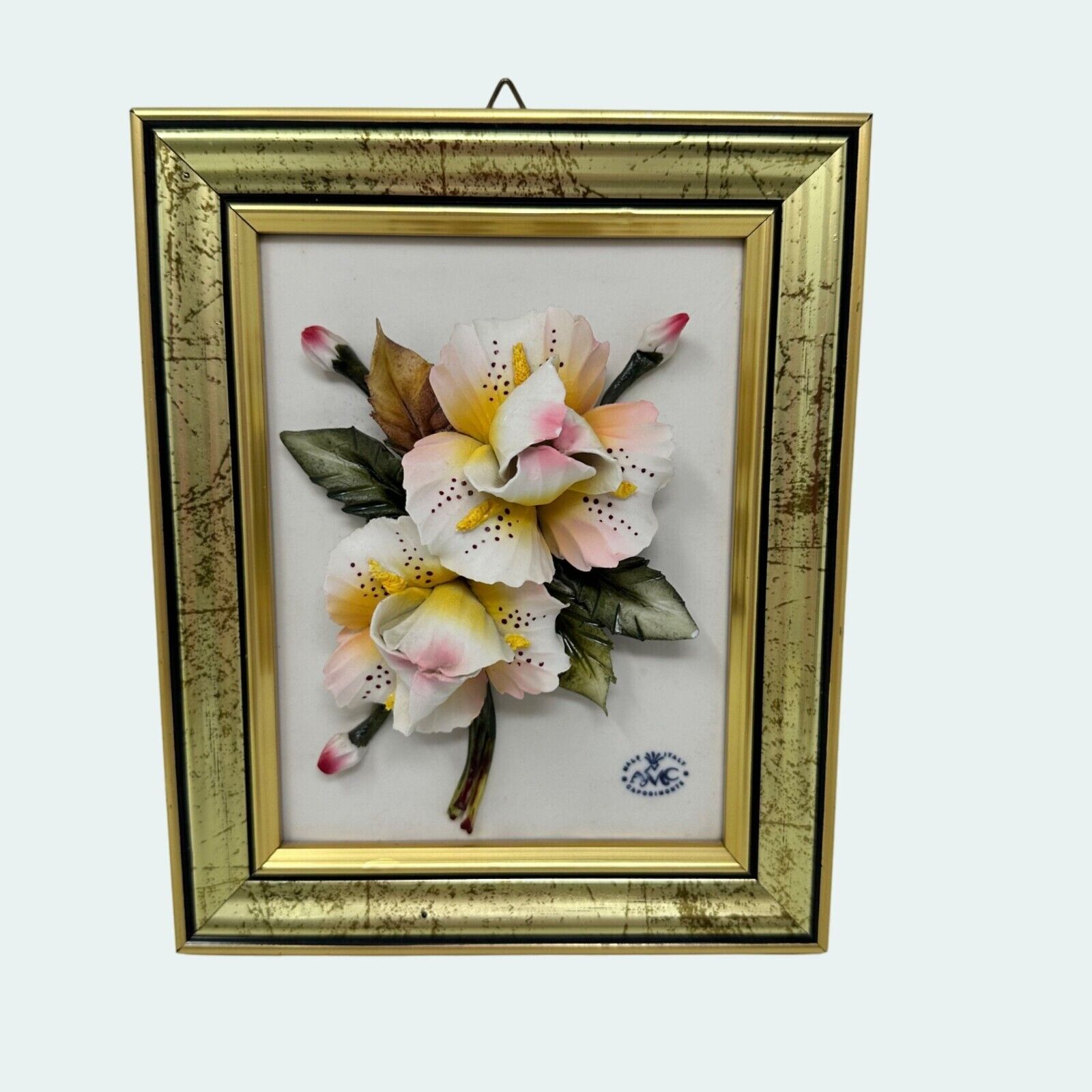 Vintage Capodimonte 3D Porcelain Orchids Flowers Gold Framed Wall Plaque Italy