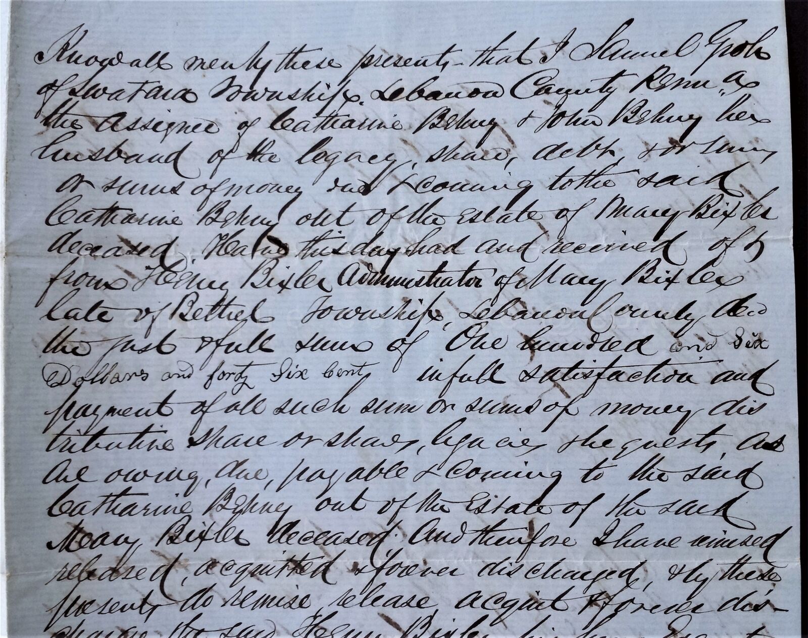1858 antique Handwritten LEGAL DOCUMENT swatara pa SAM GROH to BICKSLER bethel