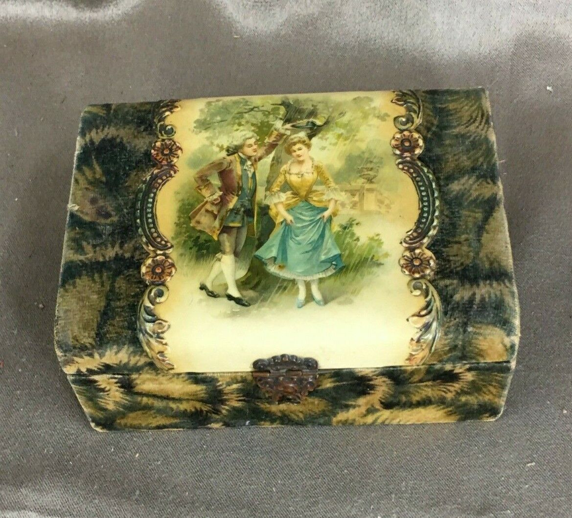 Antique Victorian Fabric Covered Jewelry Box w/ Painted Fragonard-Style Design