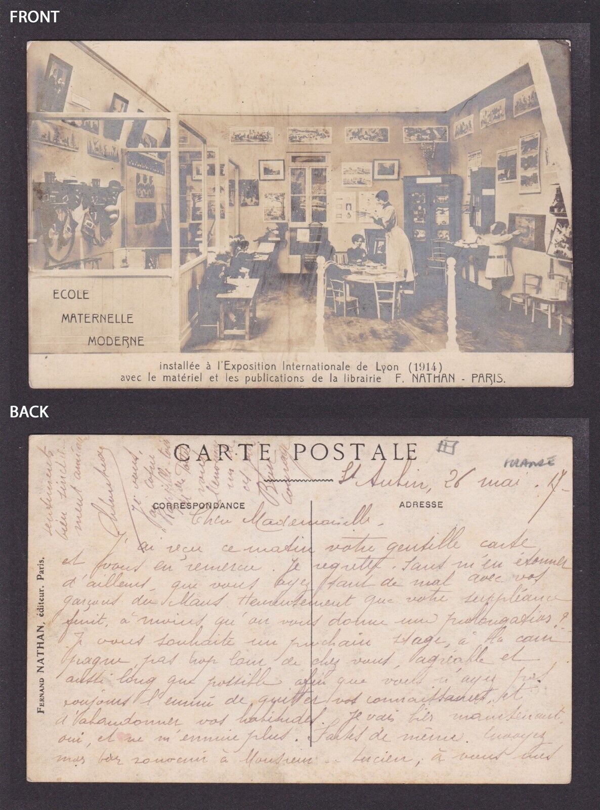 FRANCE 1914, Vintage postcard, Lyon International Exhibition, F.Nathan bookstore