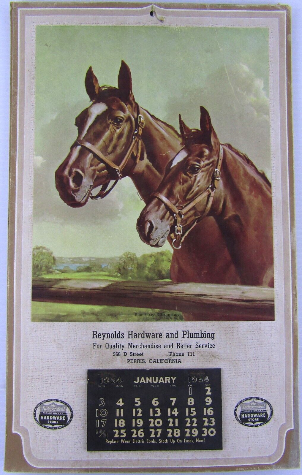 Vtg 1954 Reynolds Local Hardware Perris CA Wall Calendar Horses Farm 14x9.5