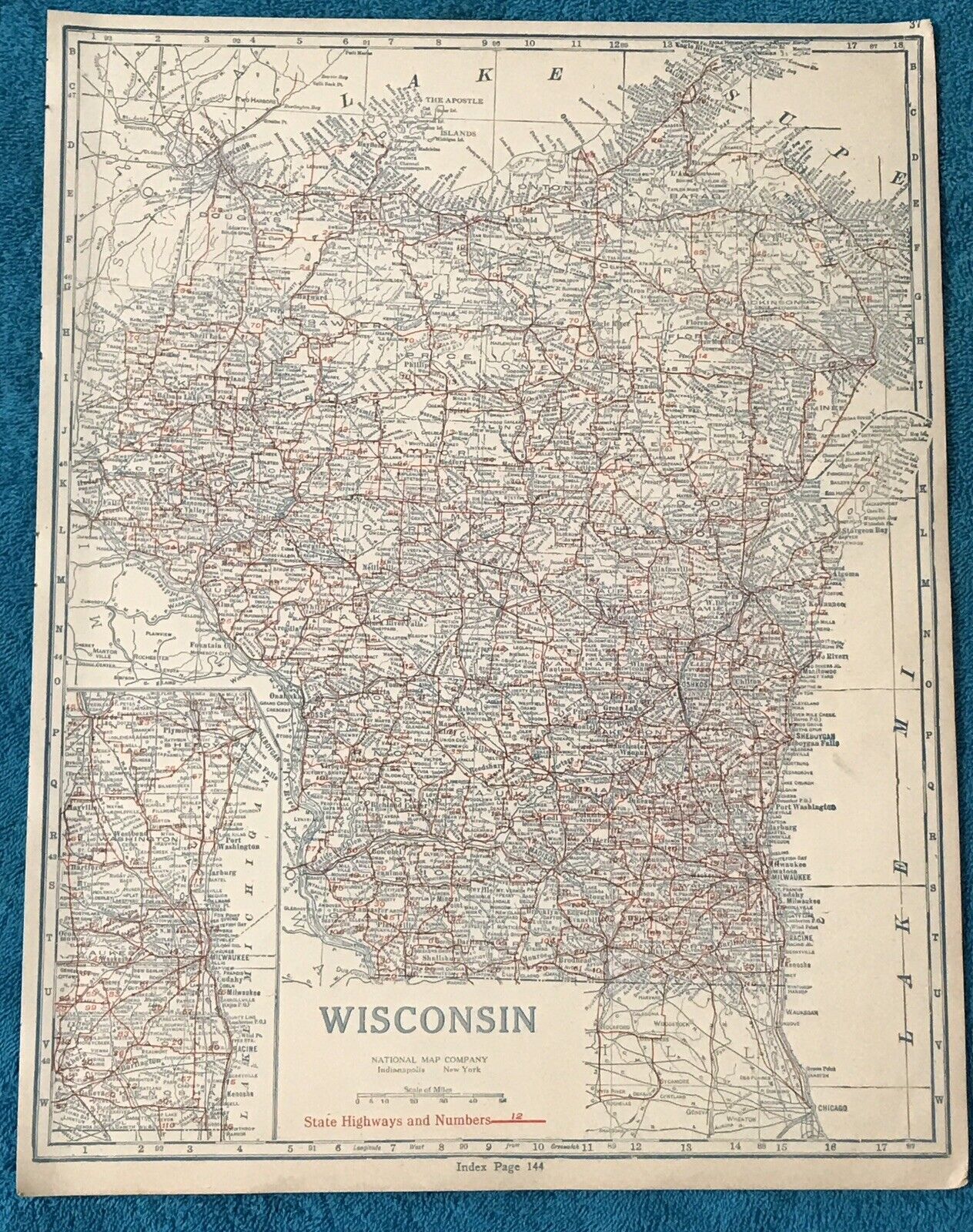 1921 WISCONSIN State Auto Trails Highway Map, Very Detailed & Interesting