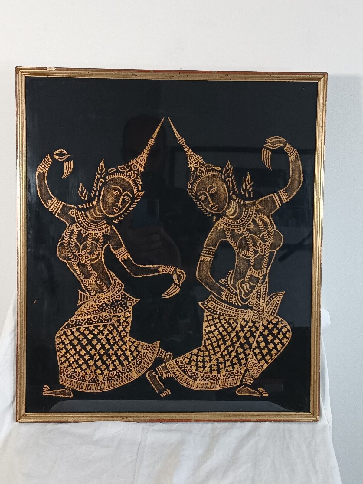 Vintage Framed Black Brown Hindu Dancing Goddess Artwork Print 21 x 22 in