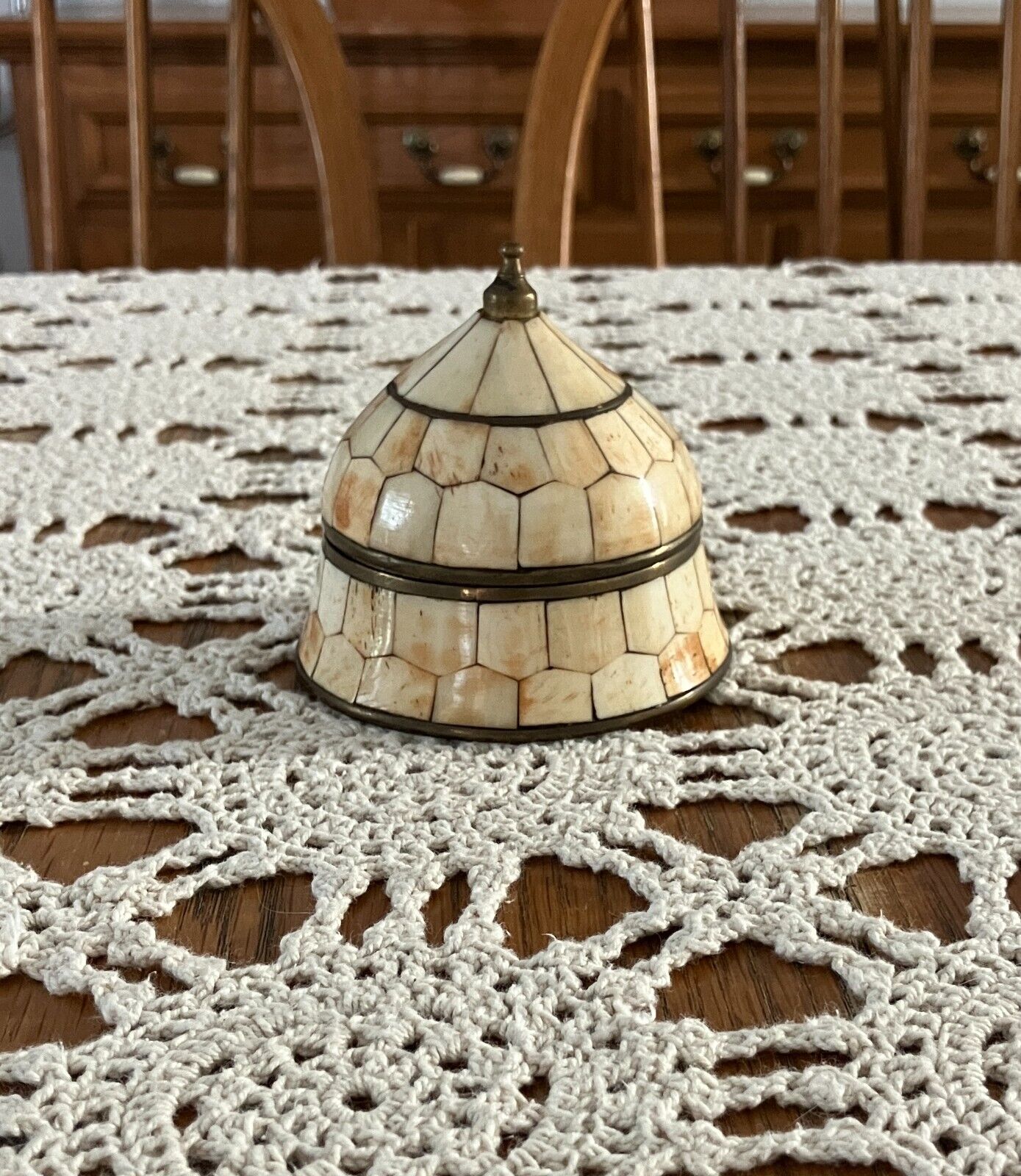Vintage Moroccan Brass Inlaid Bone Lidded Bell Dome Shape Trinket Box