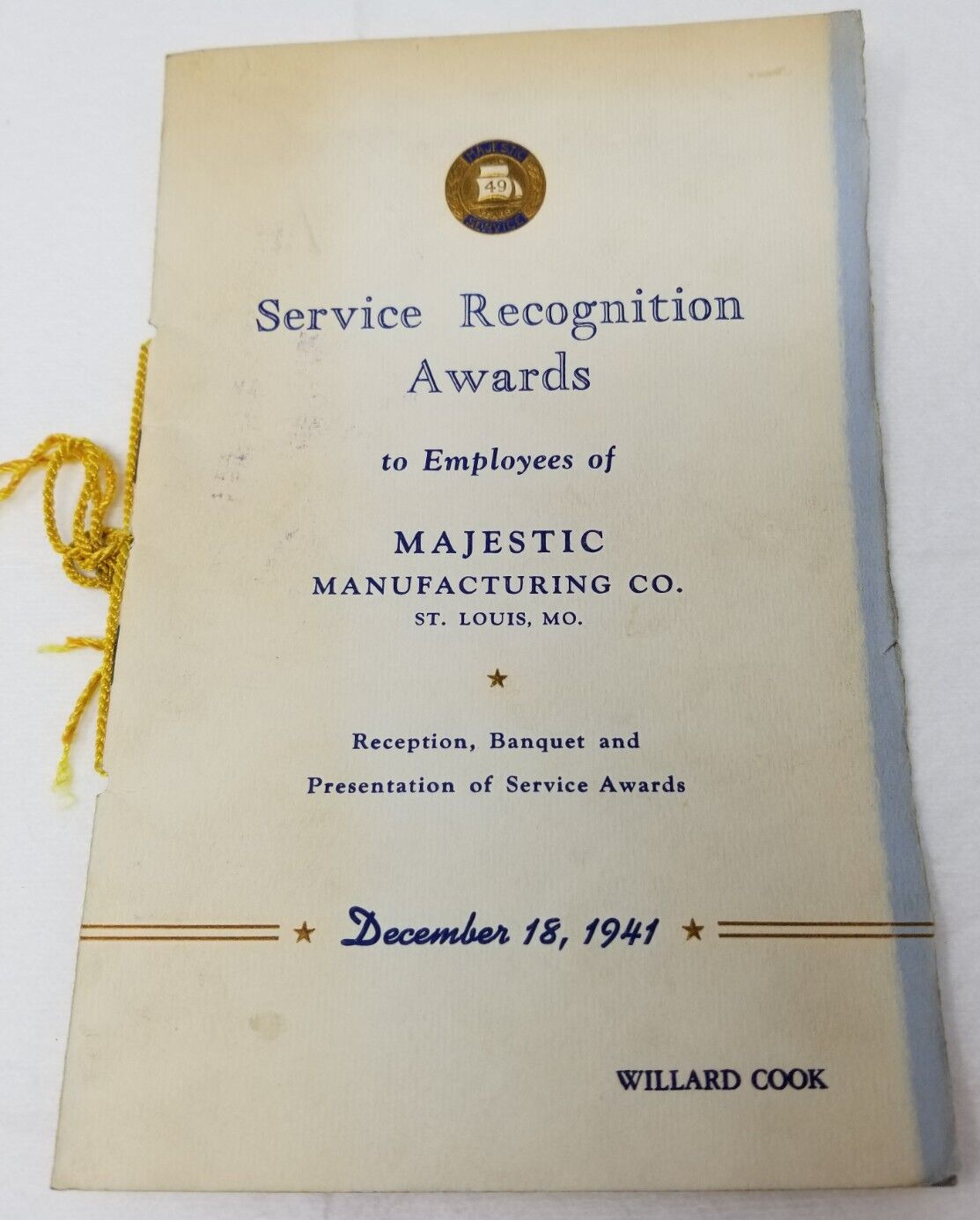Majestic Manufacturing Oven Ranges 1941 Service Awards Program St. Louis