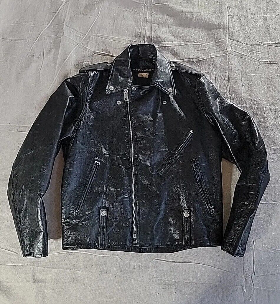 Vintage Harley Davidson AMF Jacket Mens 58 L Leather Black Biker Zip Snap 70s