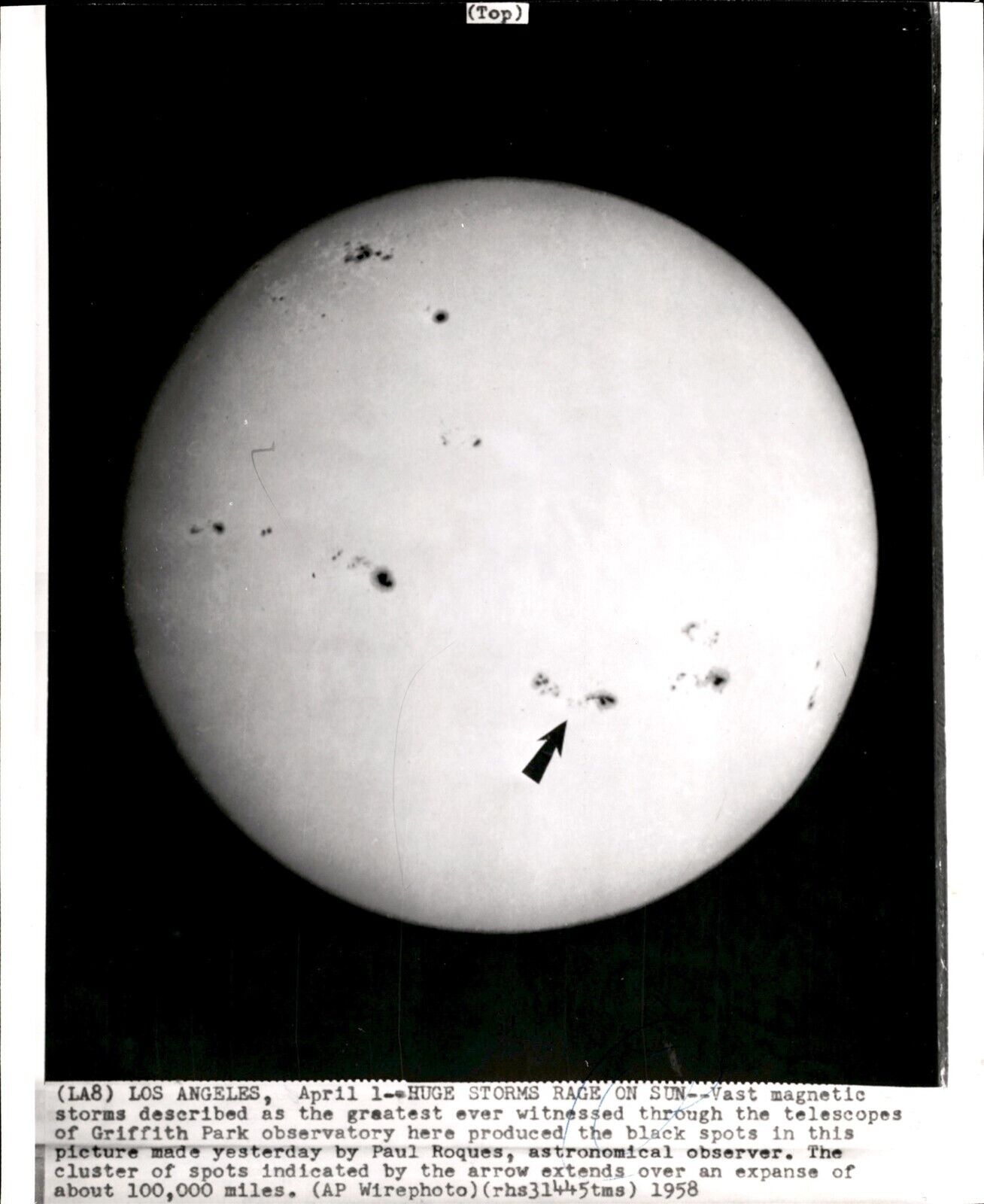 LD270 1958 AP Wire Photo HUGE STORMS RAGE ON SUN Telescope Shot Griffith Park