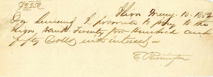 E. Remington (Sr.) Signed Promissory Note - Autographs of Famous People