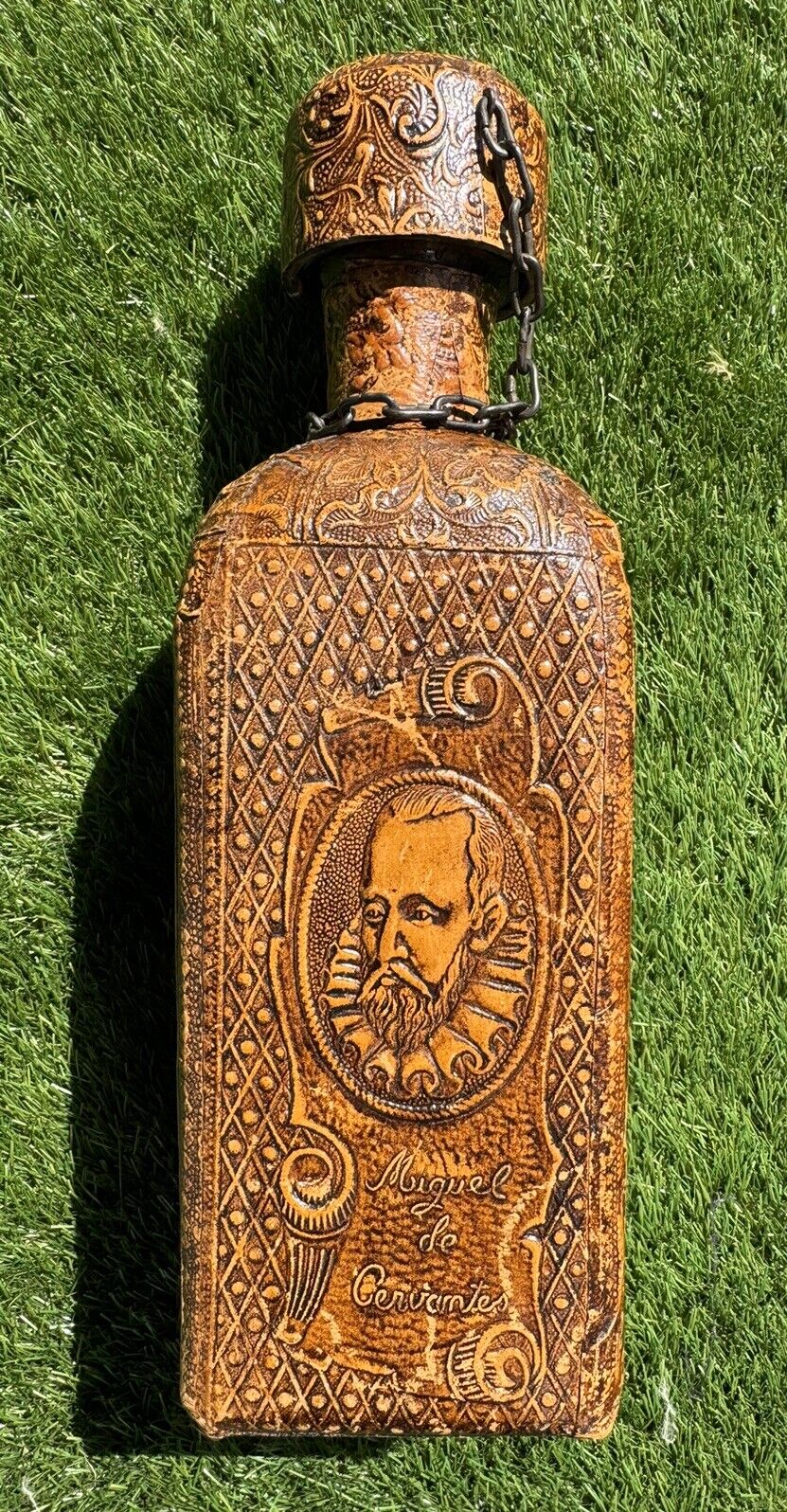 Vintage Leather Wrapped Whisky Bottle Decanter Miguel De Cervantes - Great Cond