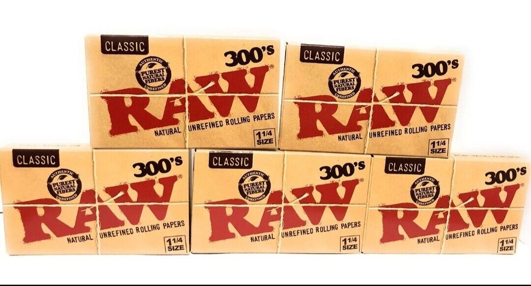 5 PACKS RAW 300's CLASSIC NATURAL UNREFINED ROLLING PAPERS 1 1/4 SIZE
