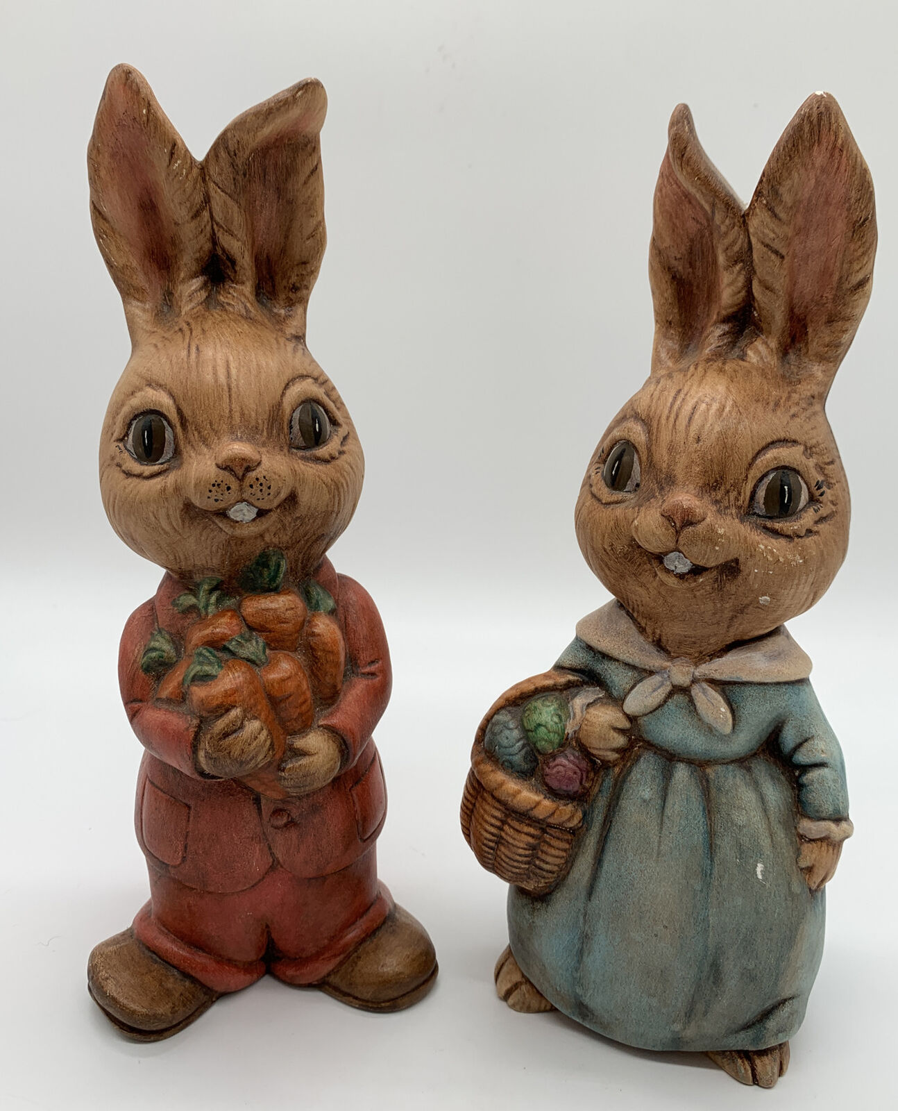 Vntg 1976 Hand Painted Mr & Mrs. Easter Bunny Rabbit Ceramic 9.5” Figurines Read