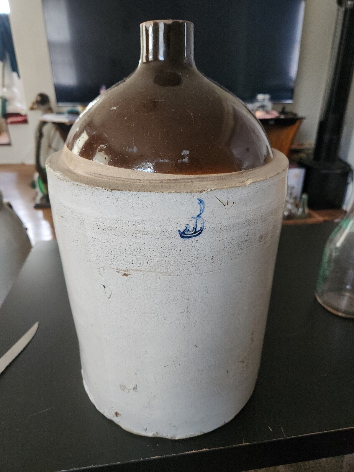 Antique Vintage Two-Tone Stoneware With Blue Number 3 Gallon Whiskey Jug