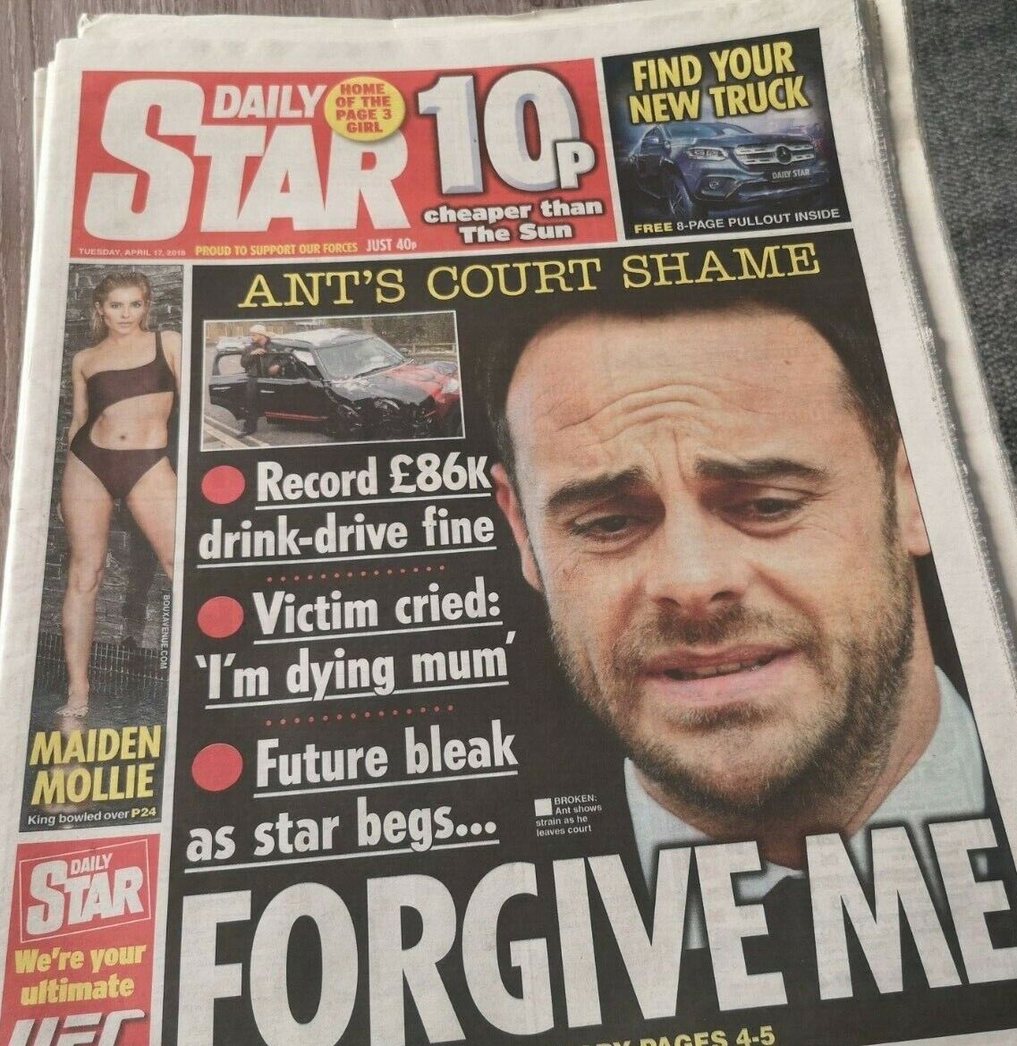 DAILY STAR  newspaper april 17th 2018 ant and dec ants court shame drink driving