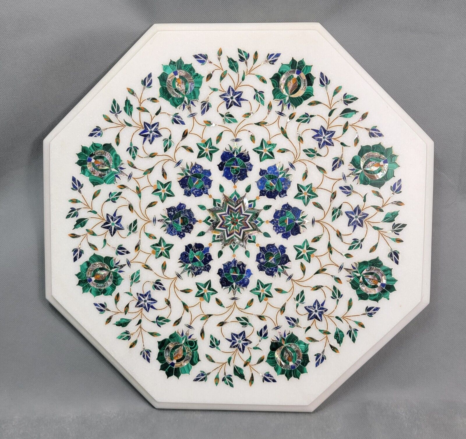 Vintage PIETRA DURA White MOSAIC Octagonal INLAID Handcrafted MARBLE TABLE TOP