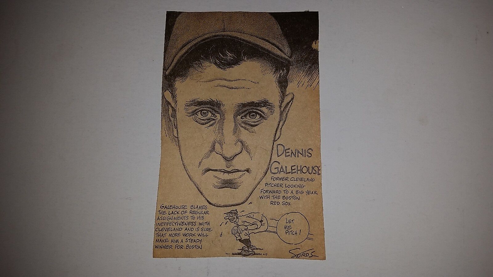 Denny Galehouse Indians 1938 Cartoon Sketch VERY RARE by Jack Sords