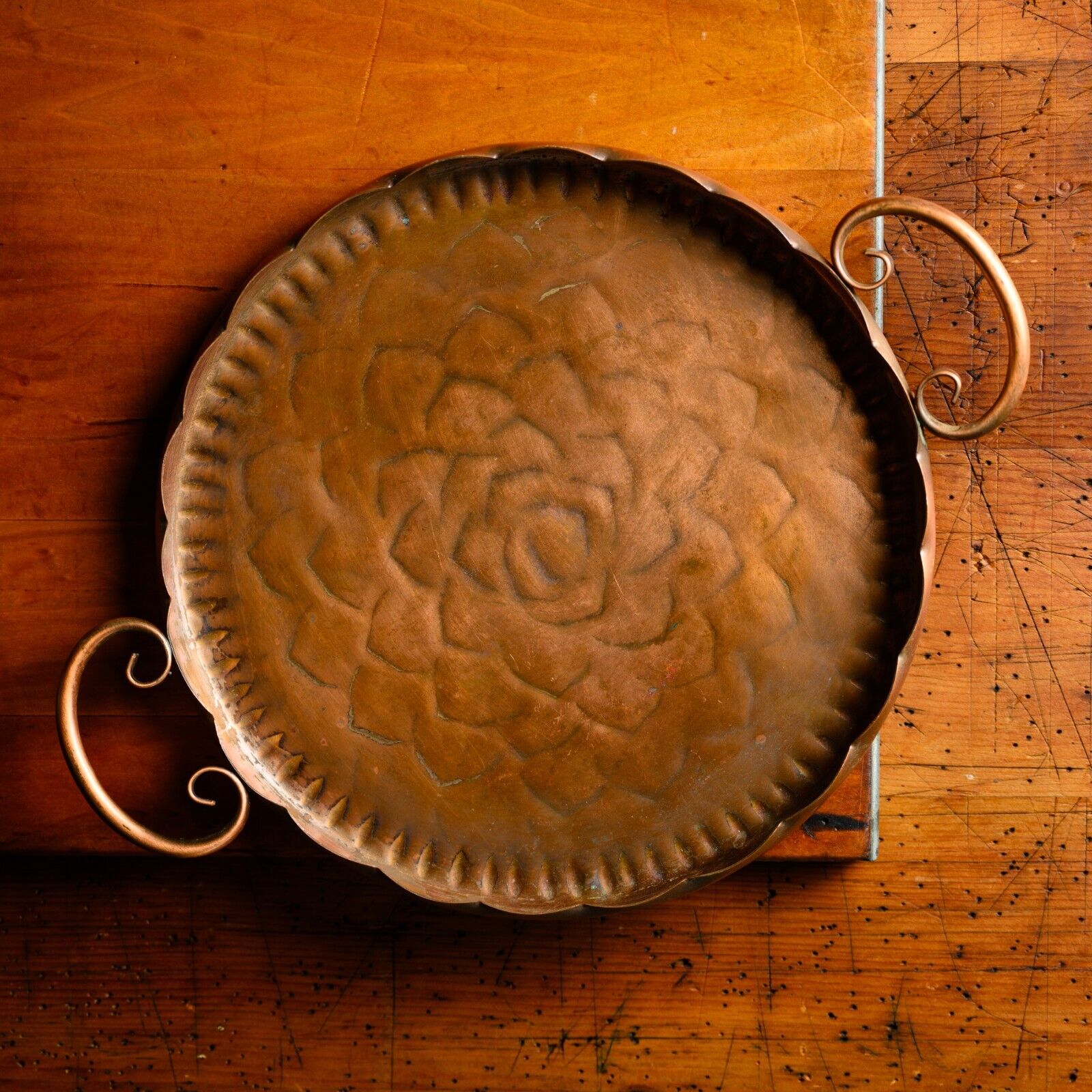 Vintage Solid Copper Flower Shaped Tray w Double Handles Hammered USA 9\