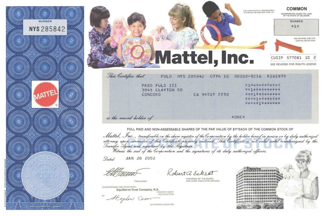 Mattel, Inc. - Stock Certificate - Famous Toy Company - Gorgeous Photographic Vi