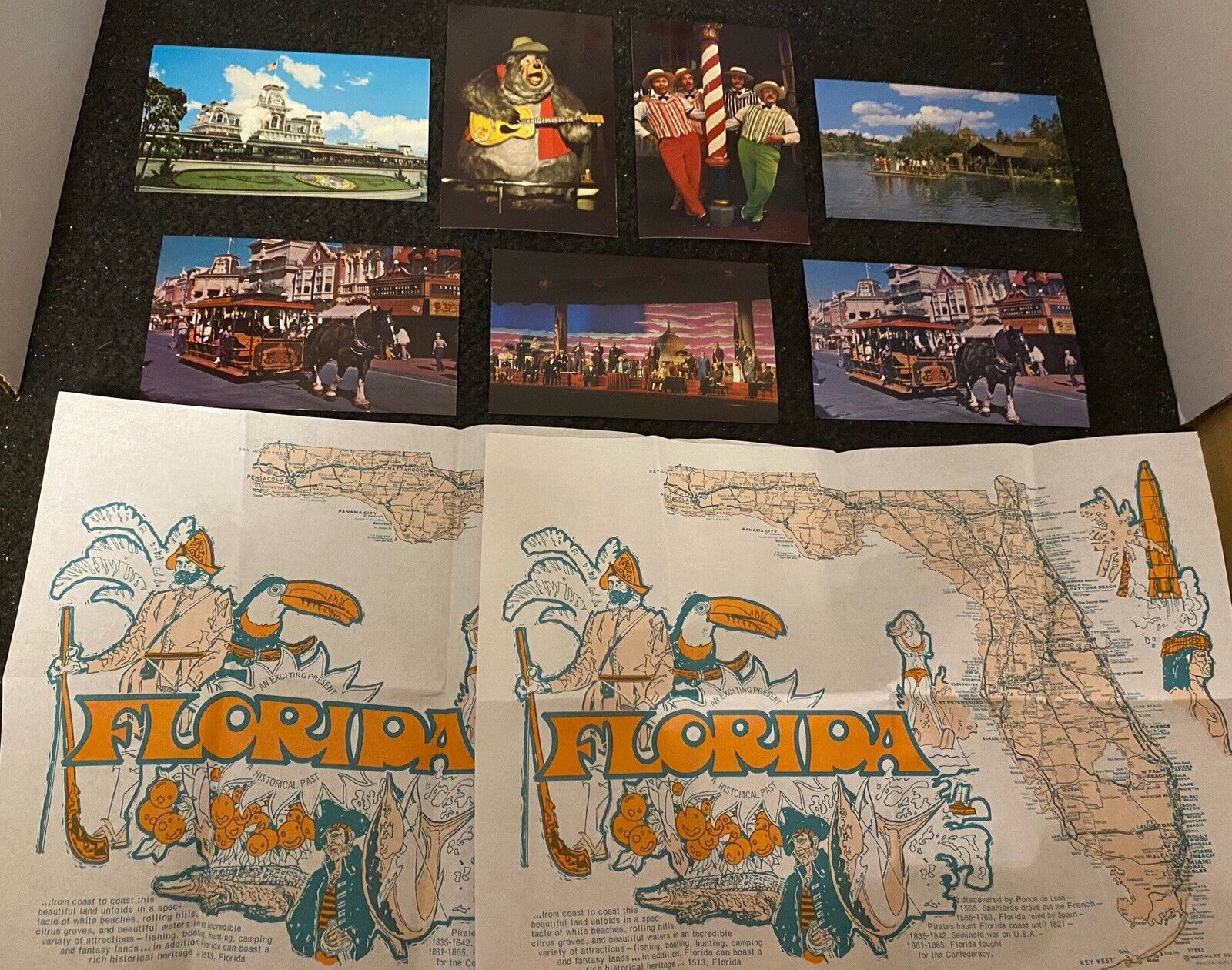 Vintage Post Cards (7) + (2) Florida Paper Maps- Country Bear Jamboree/ UnMarked