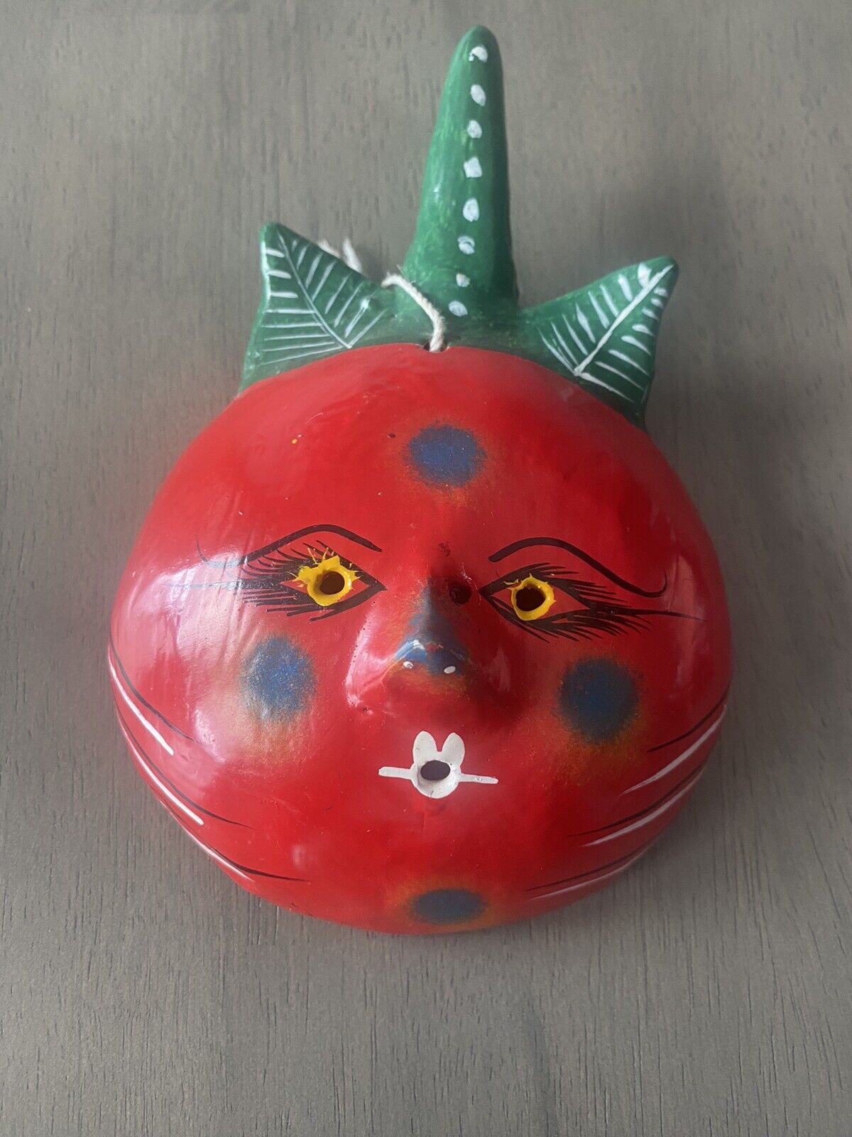 Vintage Mexican 7” Hand Painted Coconut Mask - Tomato - Red, Green, Yellow, Blue