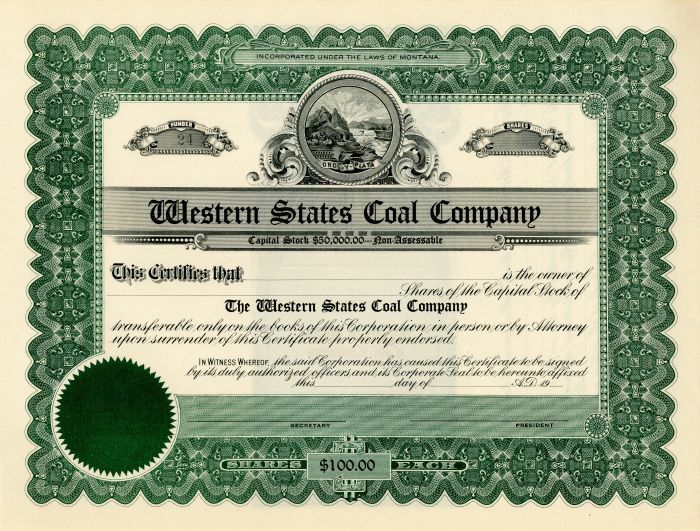 Western States Coal Co. - Stock Certificate - Mining Stocks