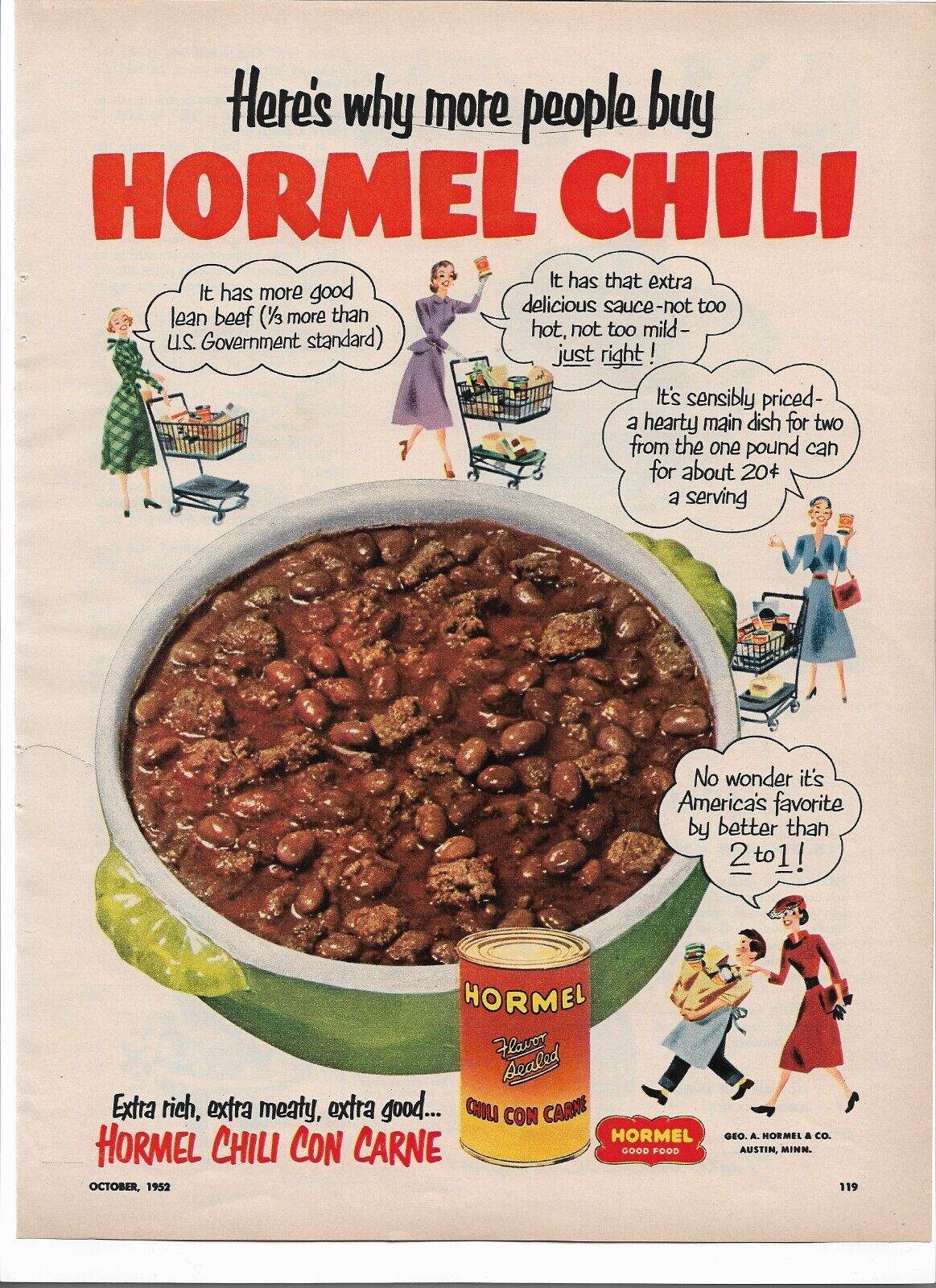 Hormel Chili Print Ad 1952 Womans Day