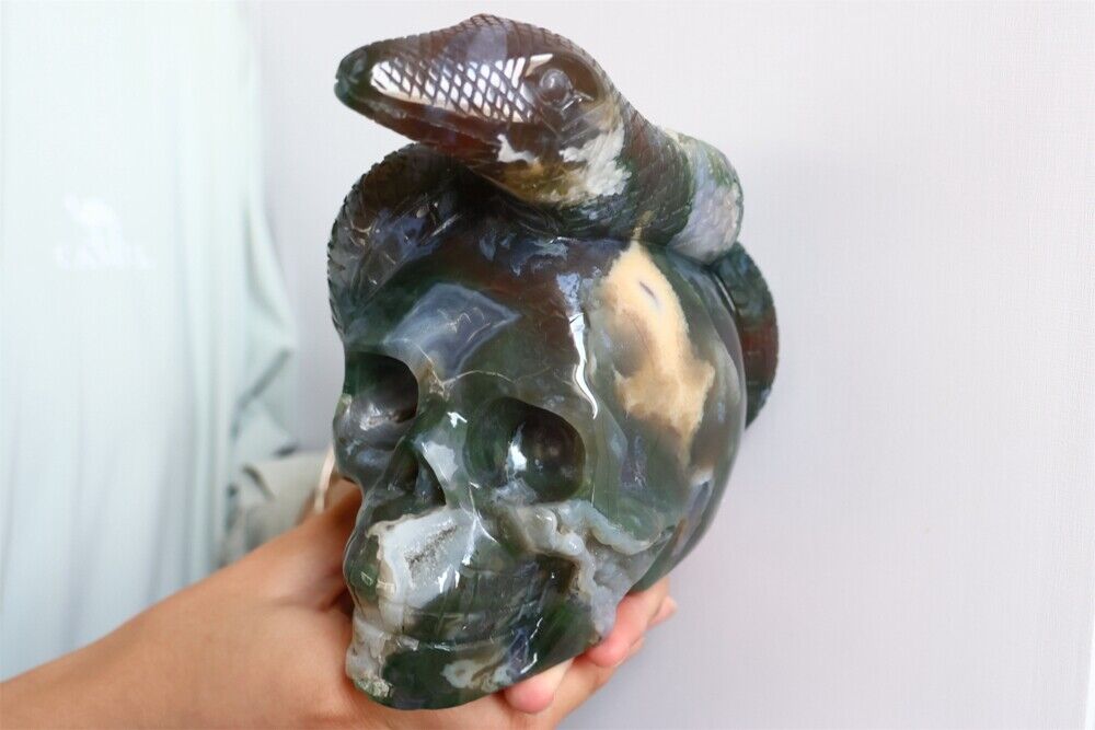 4.75LB Natural Moss Agate Skull Carved Quartz Crystal Skull Healing