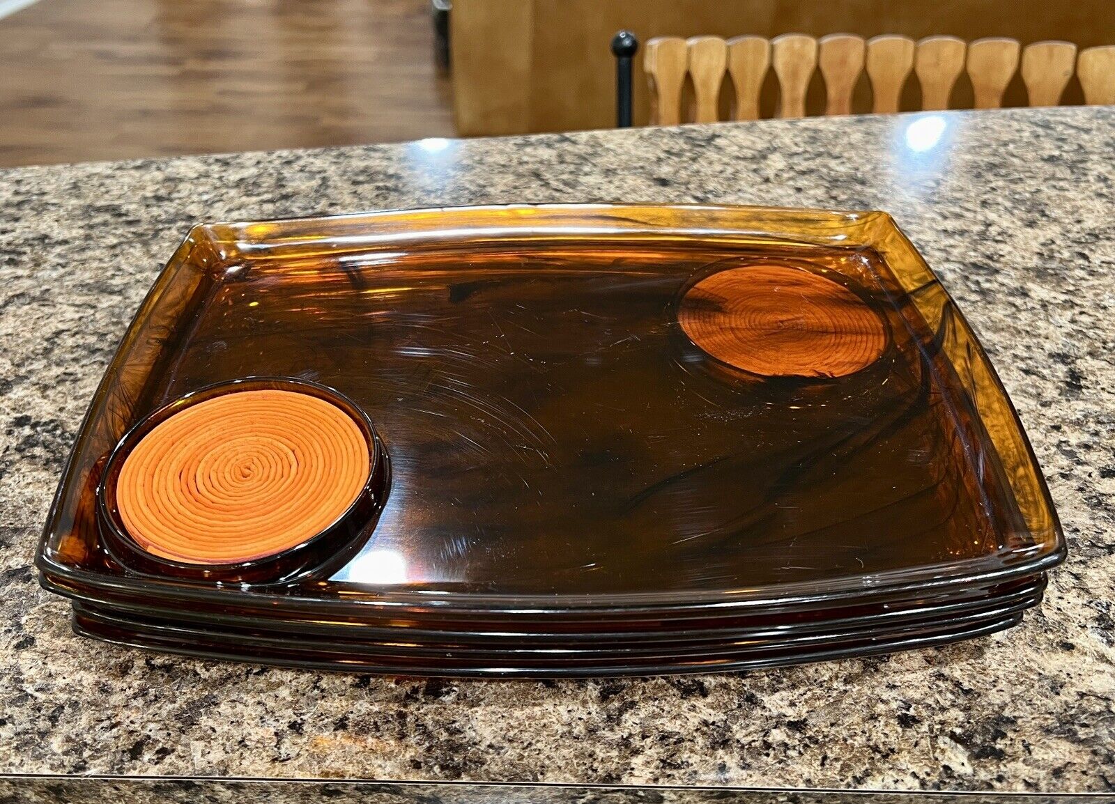 Vintage Lucite Faux Tortoise Shell Canape Snack Trays w/ Coasters Set of 4