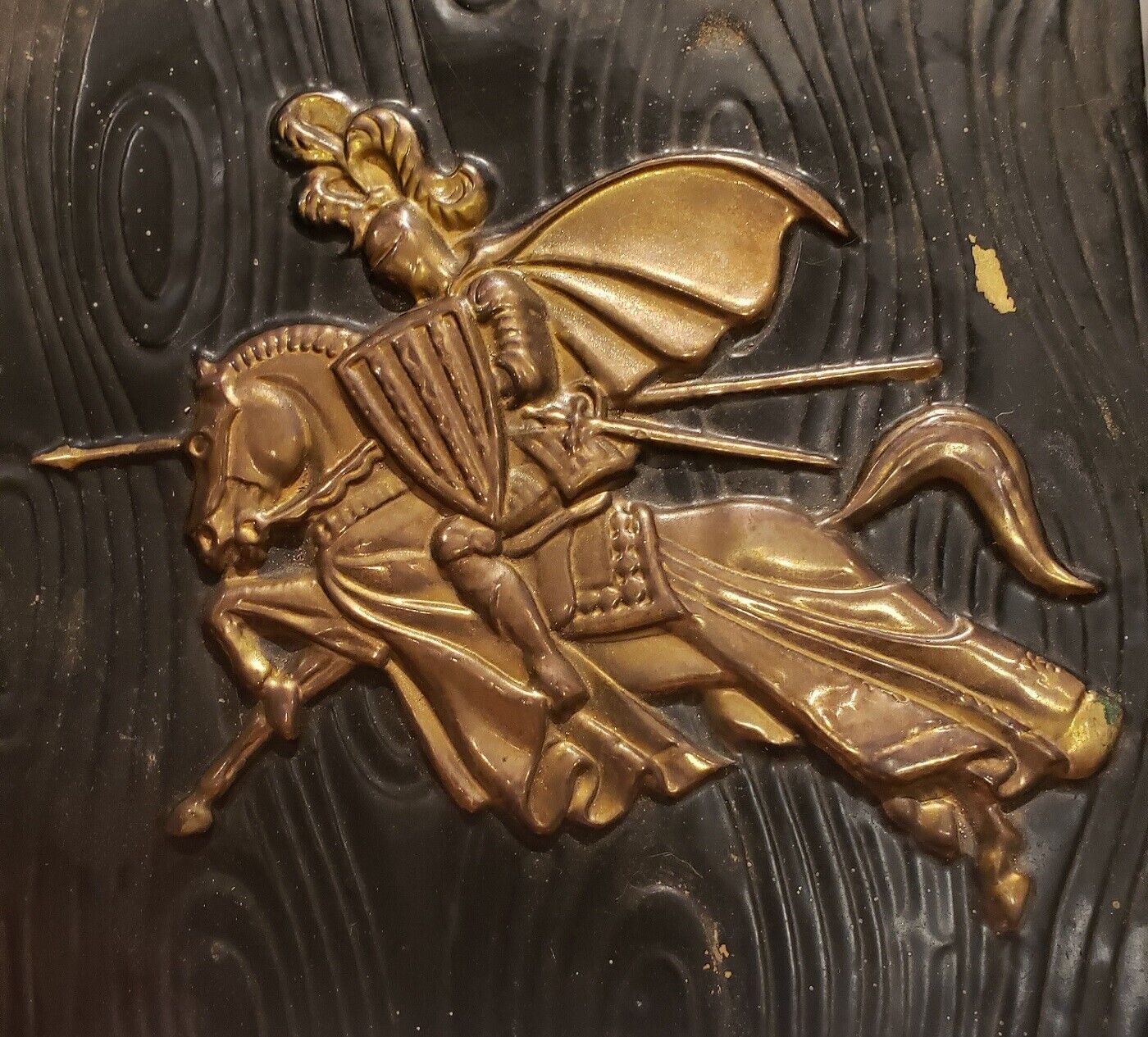 VTG Charging Medieval Knight on Horse Hammered Brass Wall Decor, Made in England