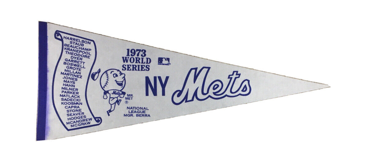 1973 New York Mets World Series MLB Baseball Scroll Felt Blue Pennant MGR Berra 