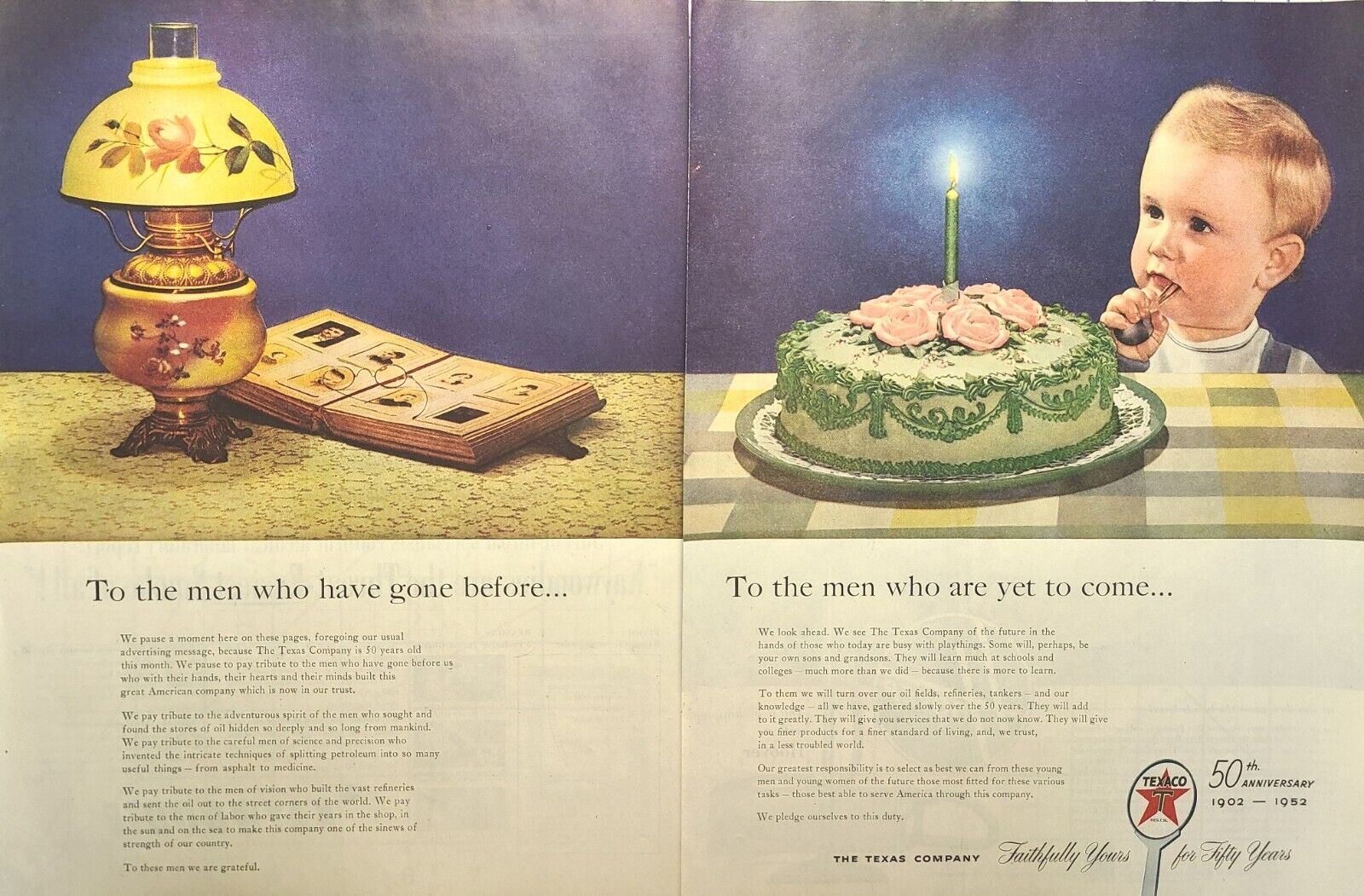 Texaco 50th Anniversary 1902-1952 Men Past Future Boy Cake Vintage Print Ad 1952