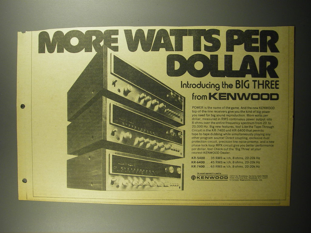 1974 Kenwood Ad - KR-5400, KR-6400, KR-7400 Receivers - More Watts per Dollar