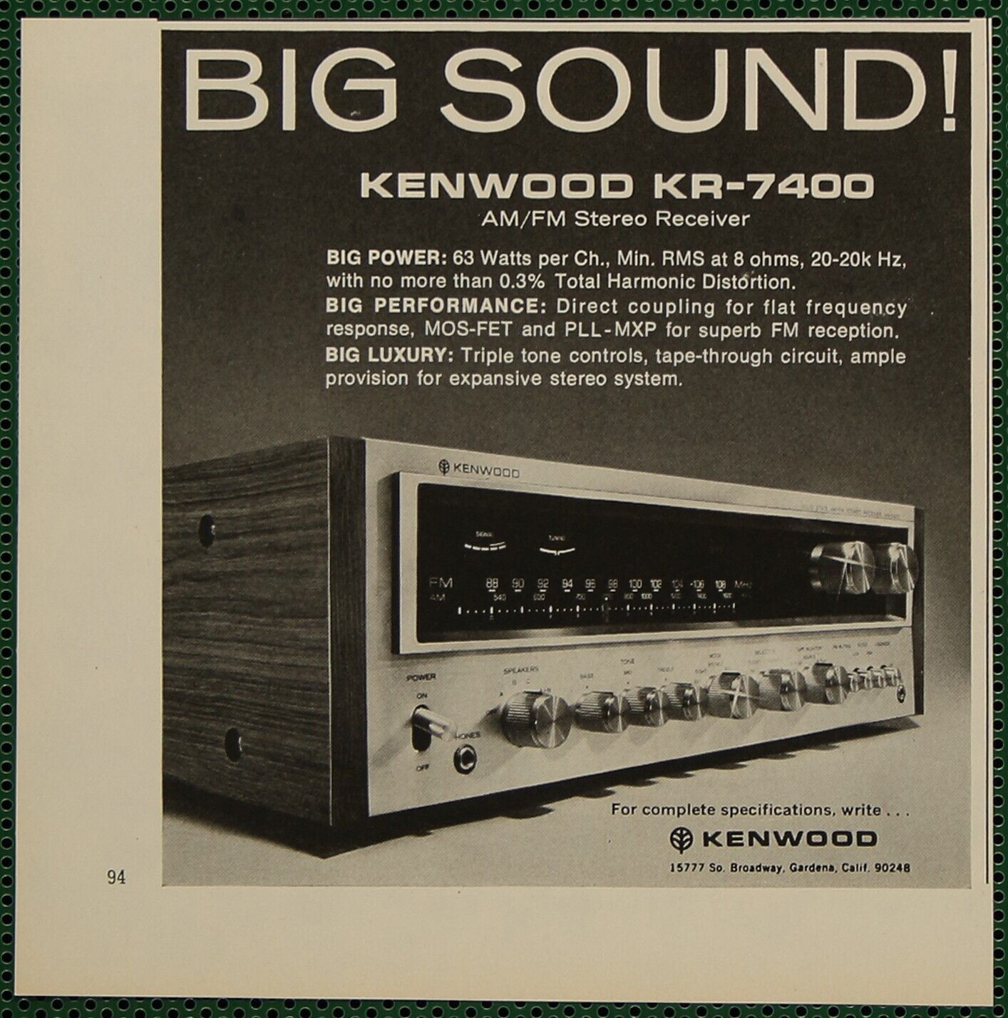 Kenwood KR-7400 63 Watt Big Sound Stereo Receiver Vintage Print Ad 1974