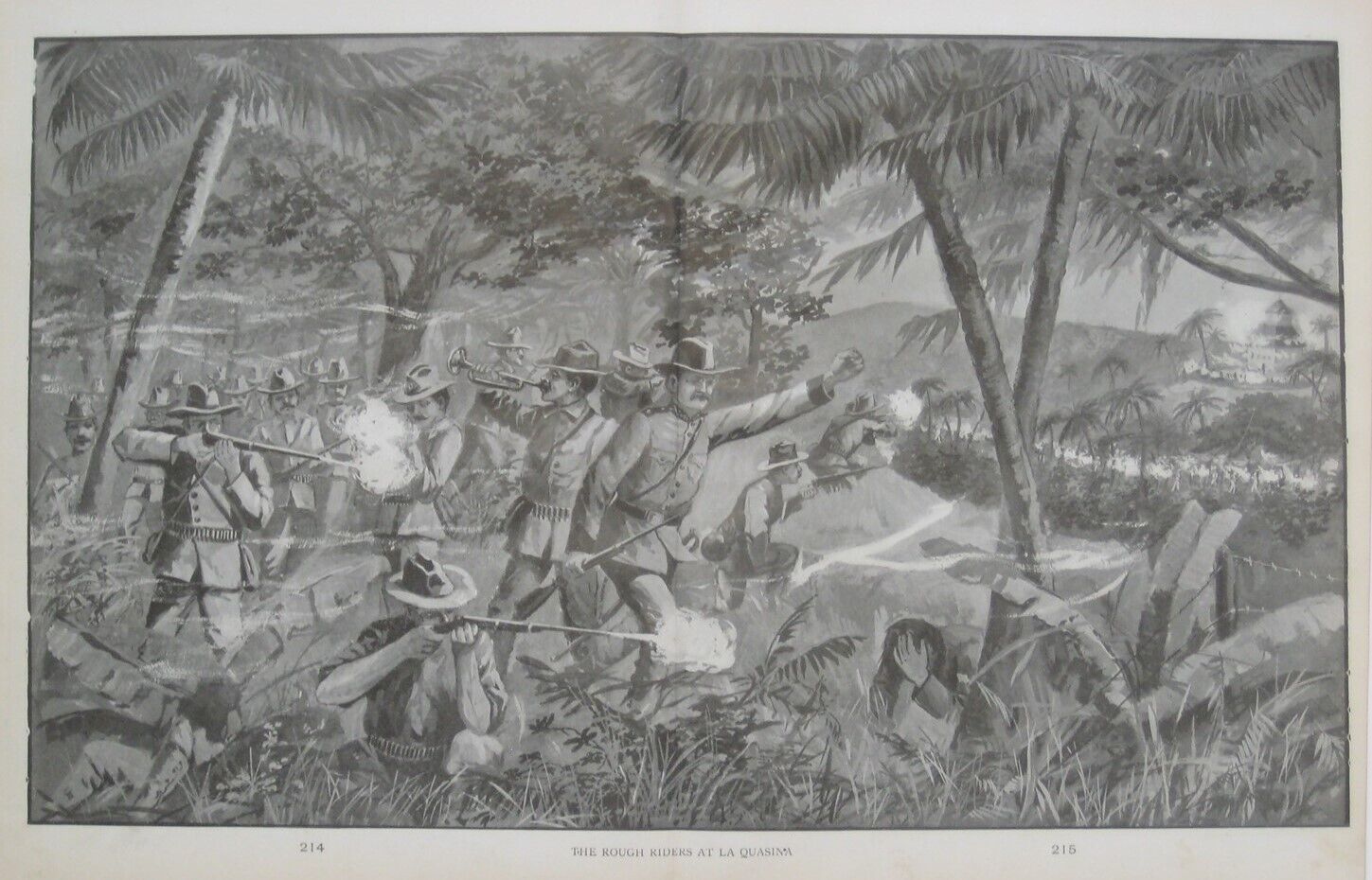 Original 1899 Lithograph ROUGH RIDERS AT LA QUASINA Spanish-American War Cuba