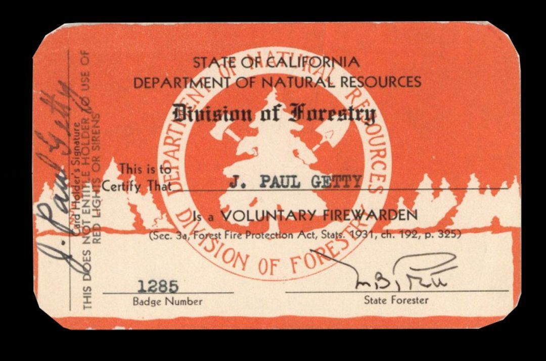 J. Paul Getty signed Volunteer Fire Warden Membership Card - The Man behind the 