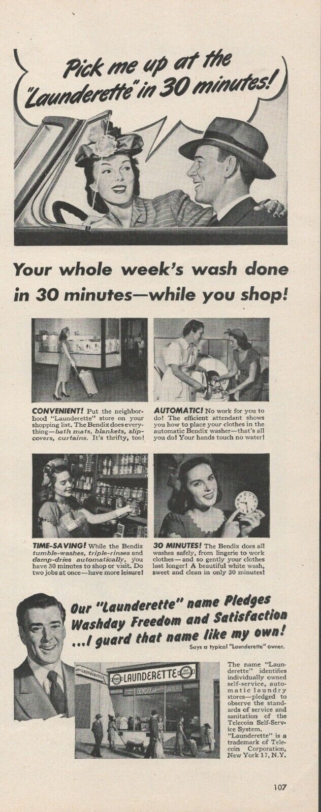 1947 Launderette Automatic Laundry Self Service Washday Vintage Print Ad L21