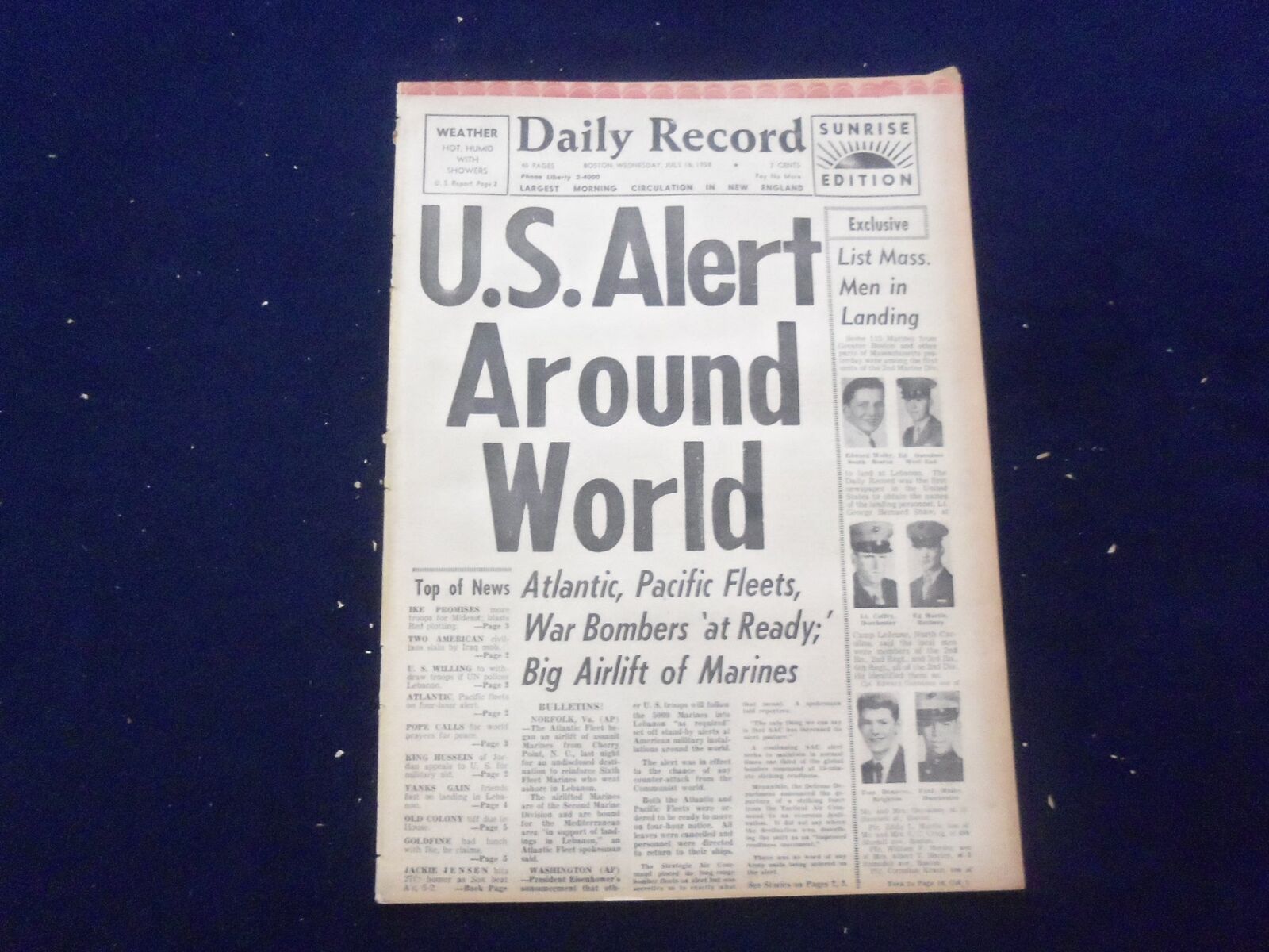 1958 JULY 16 BOSTON DAILY RECORD NEWSPAPER - U.S. ALERT AROUND WORLD - NP 6357