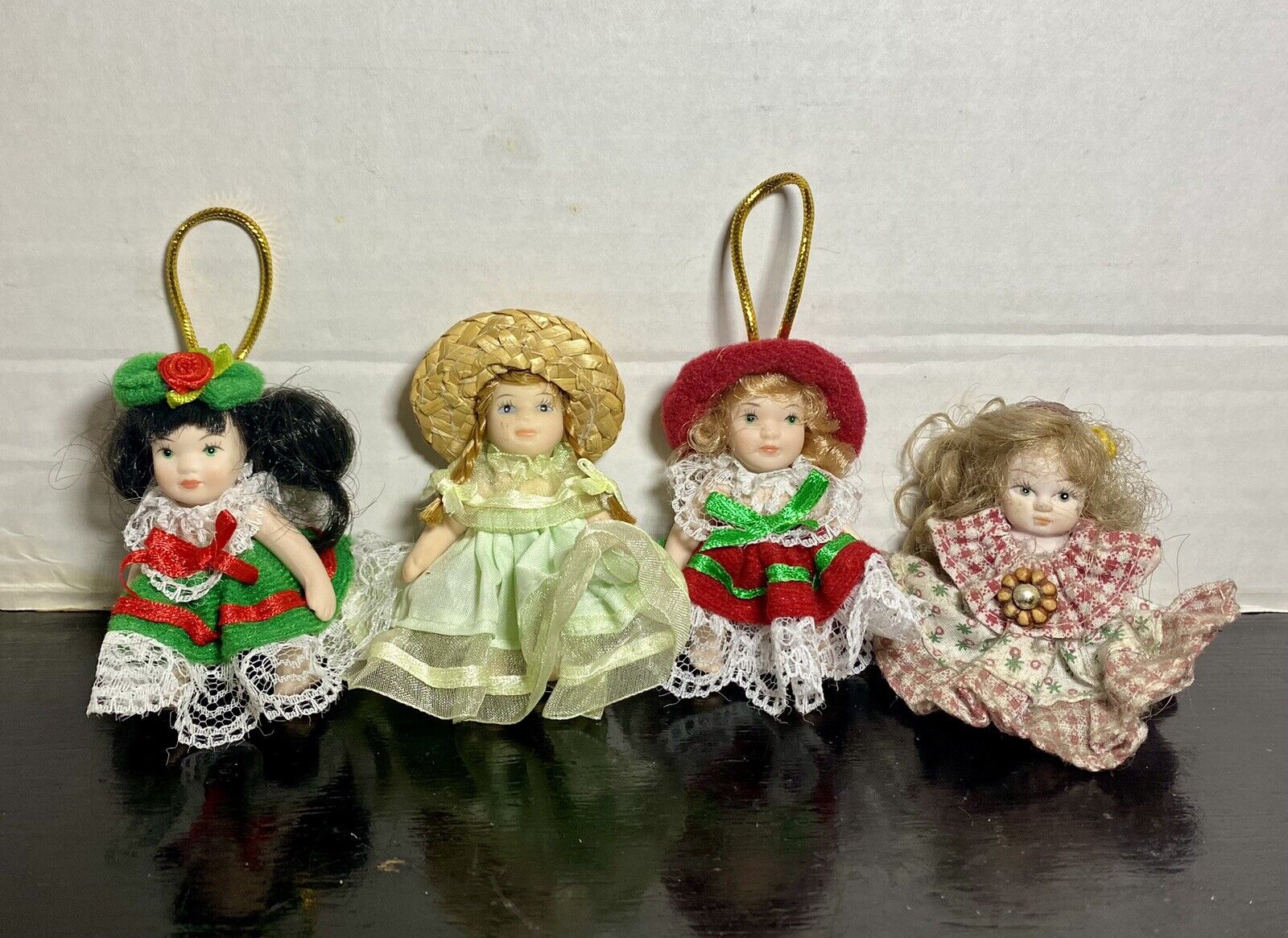 Lot Of 4 Porcelain Doll Ornaments Full Porcelain Bodies Jointed Movable Limbs 3”