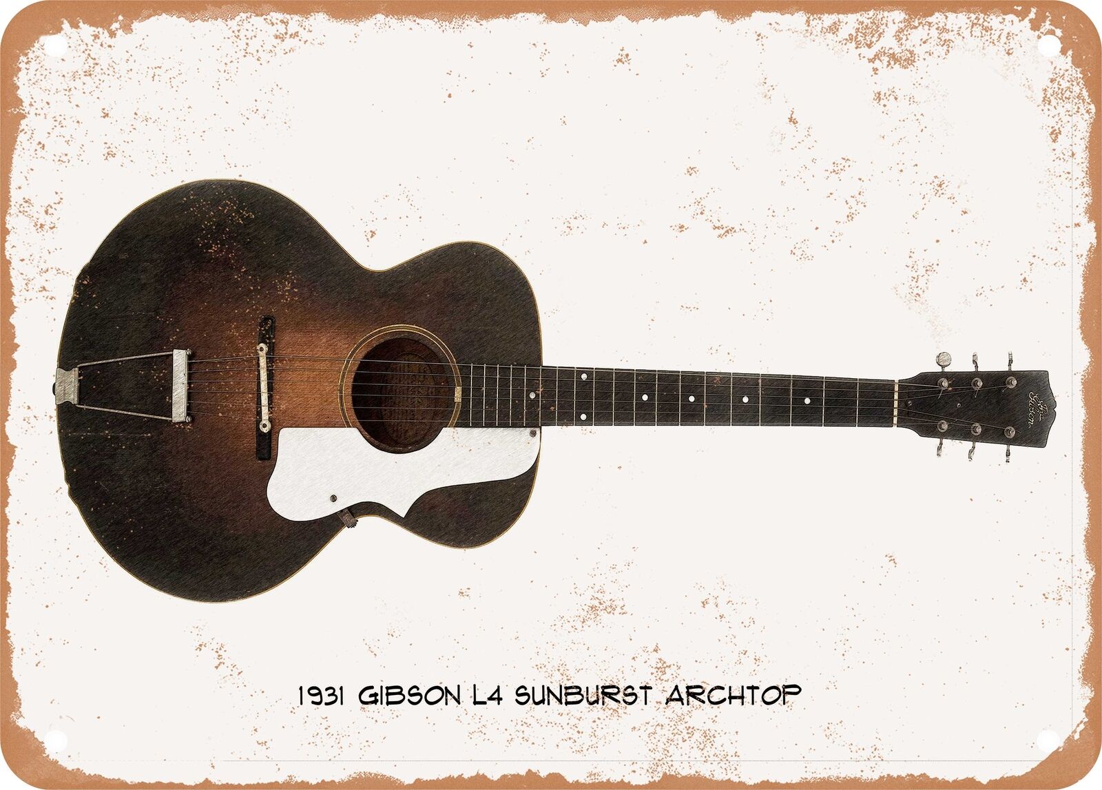 Guitar Art - 1931 Gibson L4 Sunburst Pencil Drawing - Rusty Look Metal Sign