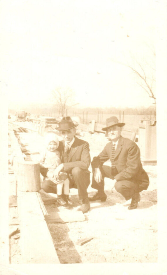 Vintage Photo 1940s, 2 Men & A Toddler Posed, 4.5x2.25 Sepia