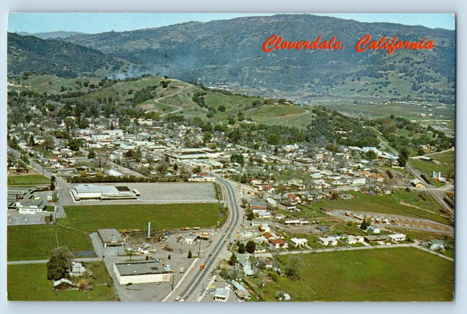 Cloverdale California CA Postcard Air View City Redwood Highway Buildings 1961
