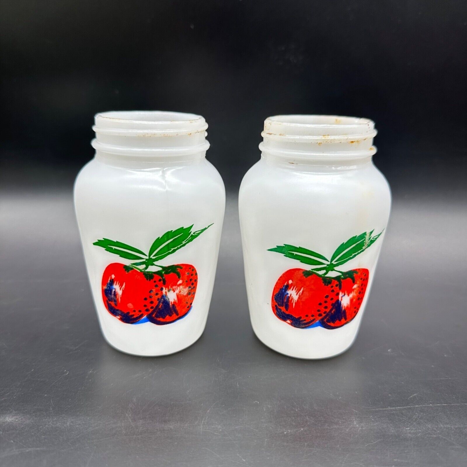Vintage Stovetop Shakers Fire King Apple Milk Glass Salt and Pepper Red 1950s