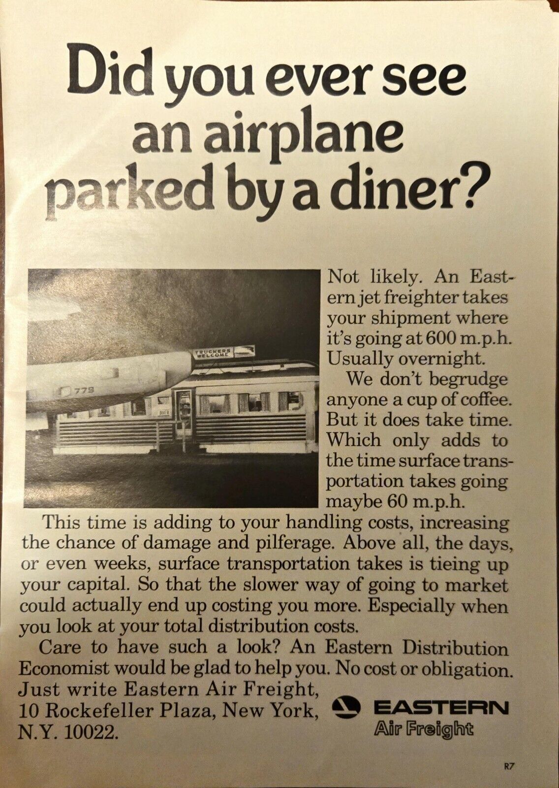 1969 Eastern Air Freight 600 MPH Rockefeller Plaza New York Vintage Print Ad