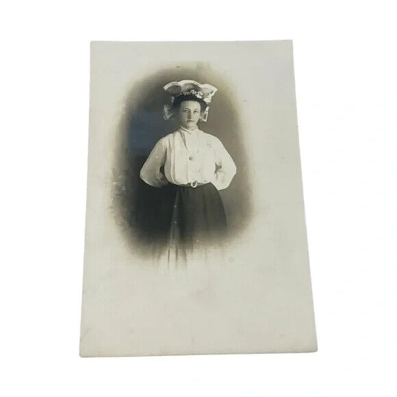 Postcard RPPC Young Woman Girl Large Hat Edwardian Clothing Fashion Vintage JA