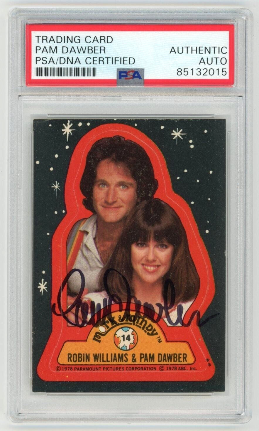 PAM DAWBER Signed 1978 Topps Mork & Mindy Sticker Card #14 - 70s Actress - PSA
