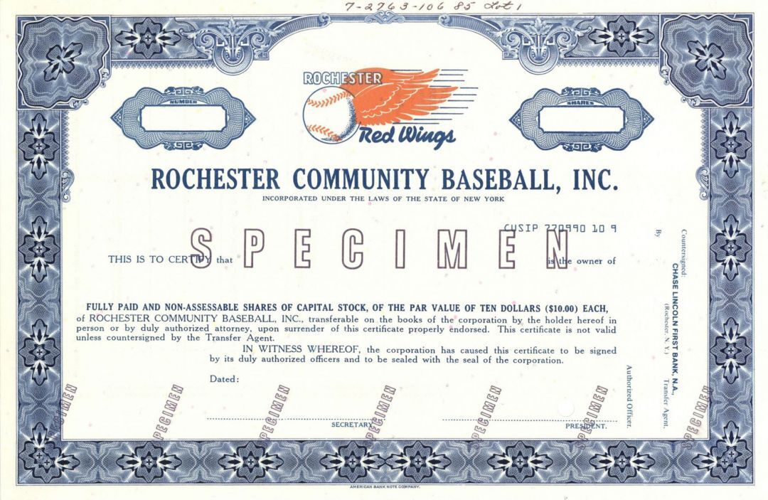 Rochester Community Baseball, Inc. - Specimen Stock Certificate - Specimen Stock