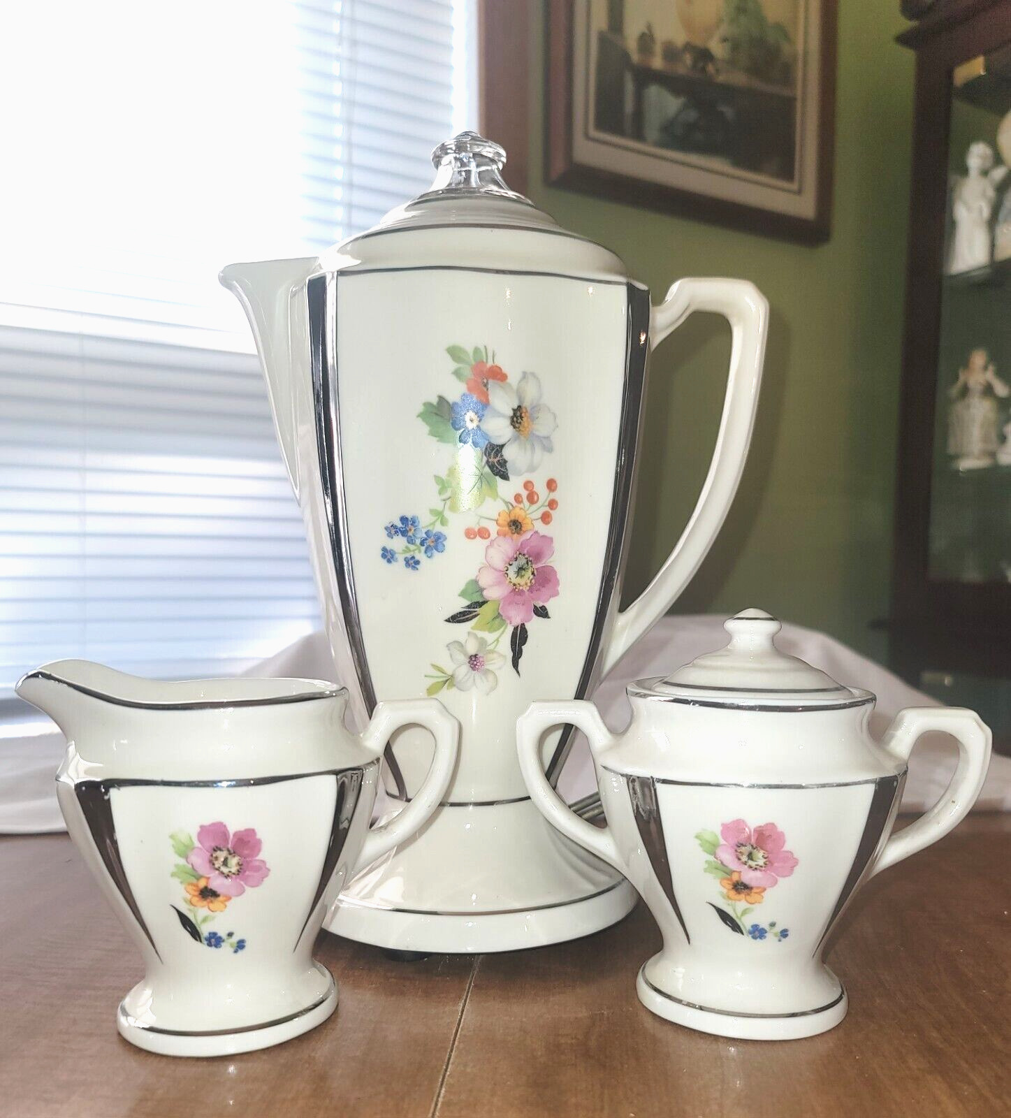 Antique 1930's PORCELIER Porcelain Percolator Coffee Pot Sugar Bowl Creamer