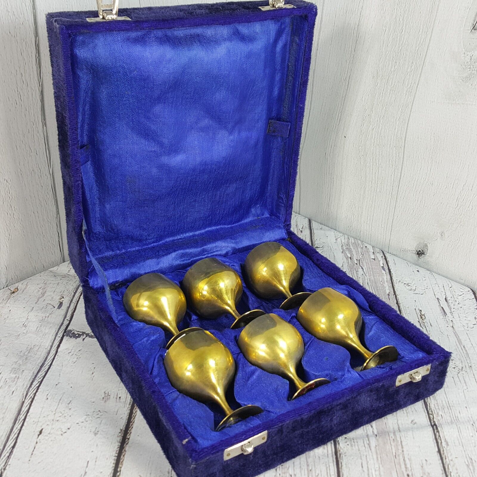 Vintage Brass Mini 2oz Goblet Shot Glass Cup Set of 6 w Lined Hinged Box India