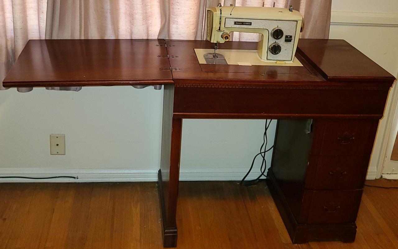 Vintage Sears Kenmore Electric Sewing Machine – With Cabinet – With Accessories